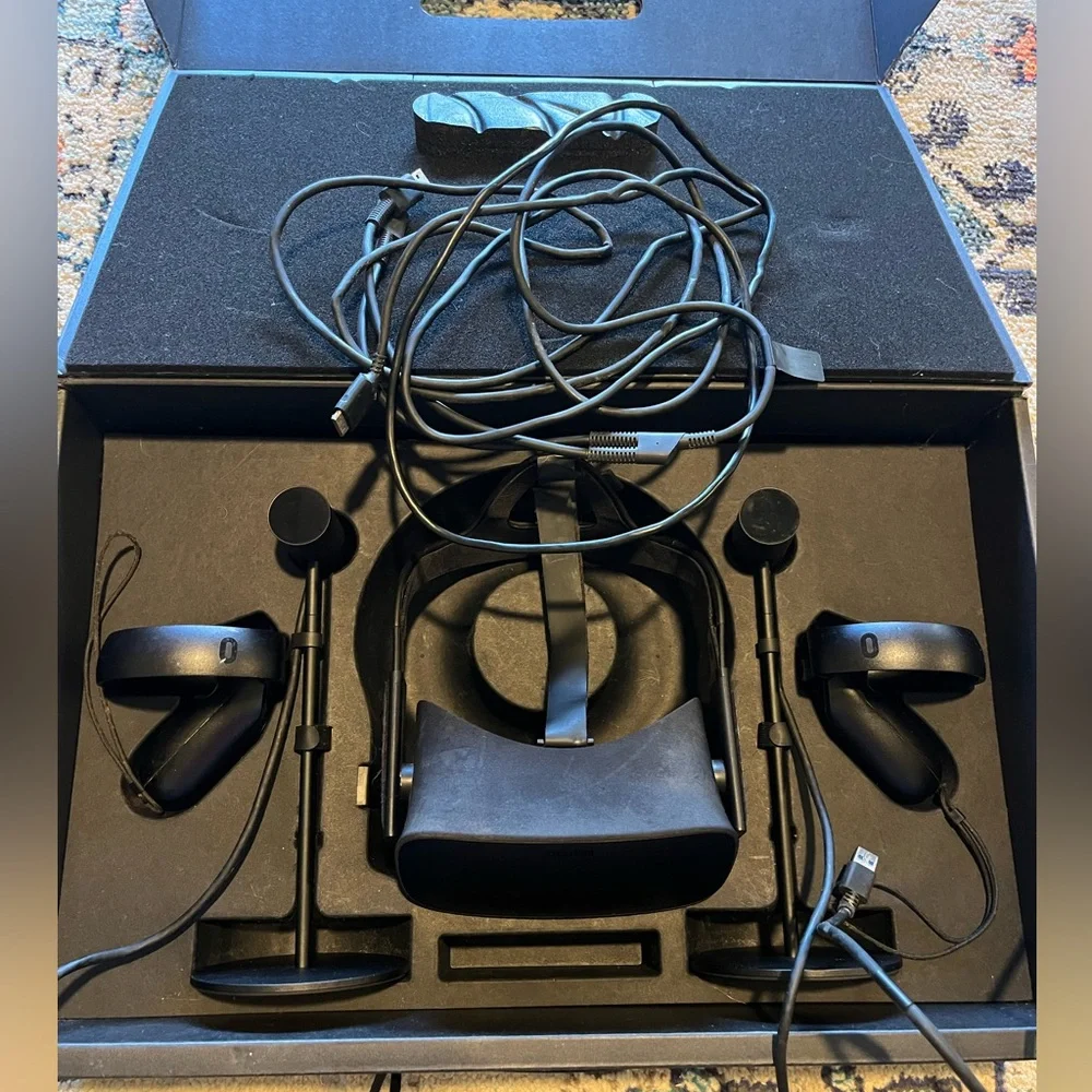 Black Oculus Rift VR Headset with Controllers and Sensors